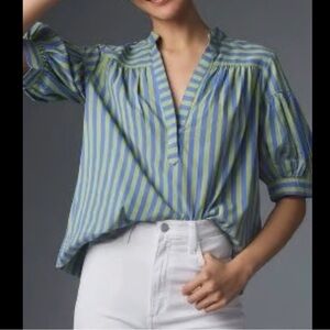 Anthropologie Darcy Blue and Green Stripe Popover Blouse